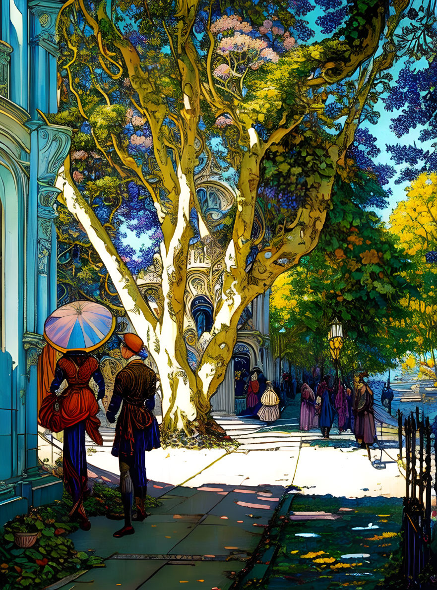 Victorian attire people admire grand tree near ornate blue building under autumn canopy