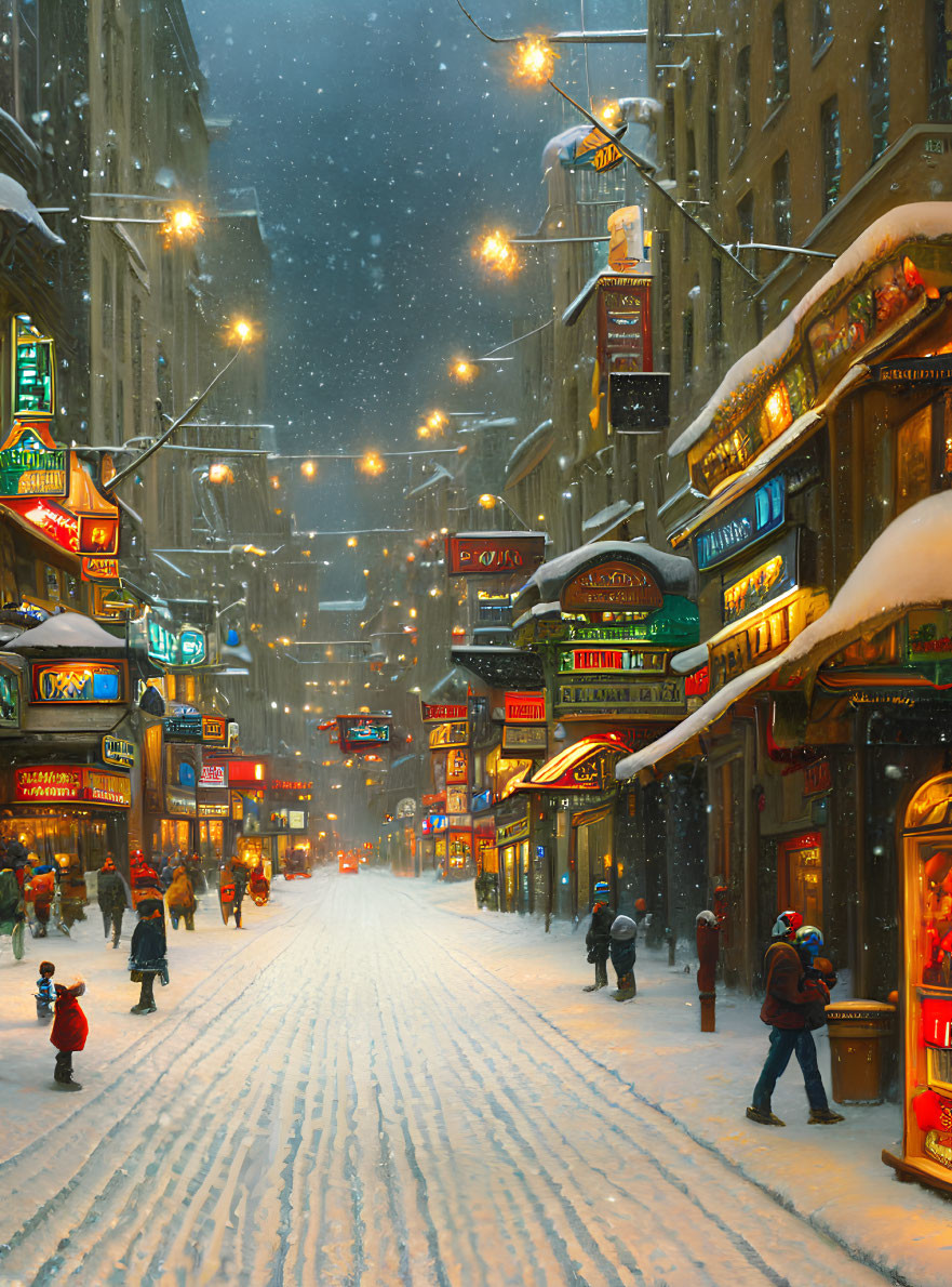 Snowy urban street at dusk with glowing neon signs and pedestrians in a soft-falling flurry