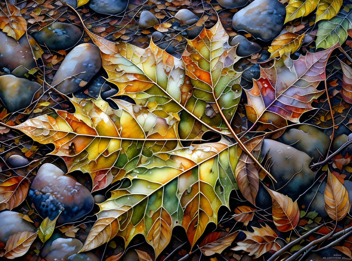 Colorful Autumn Leaves on River Stones