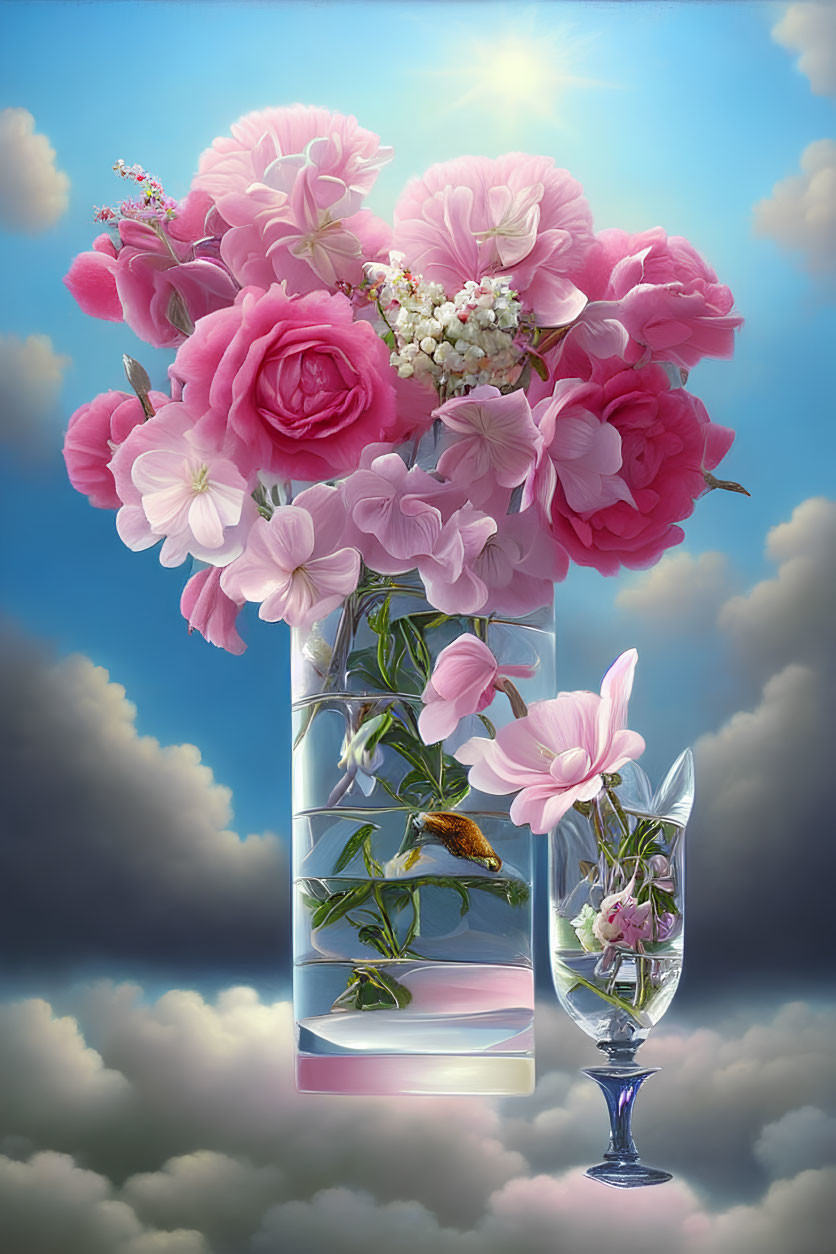 Pink flowers in transparent vase with fish, blue skies and fluffy clouds