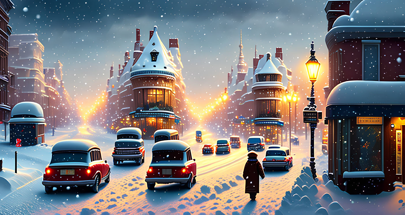 Snowy Evening Scene: Cars on Street with Lit Lamps and Charming Buildings