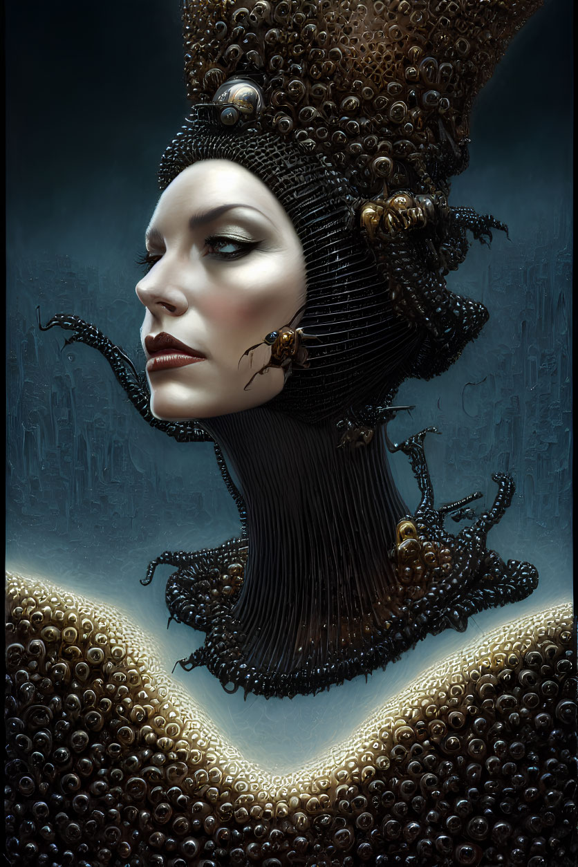 Digital artwork of woman with intricate headpiece and collar against dark background