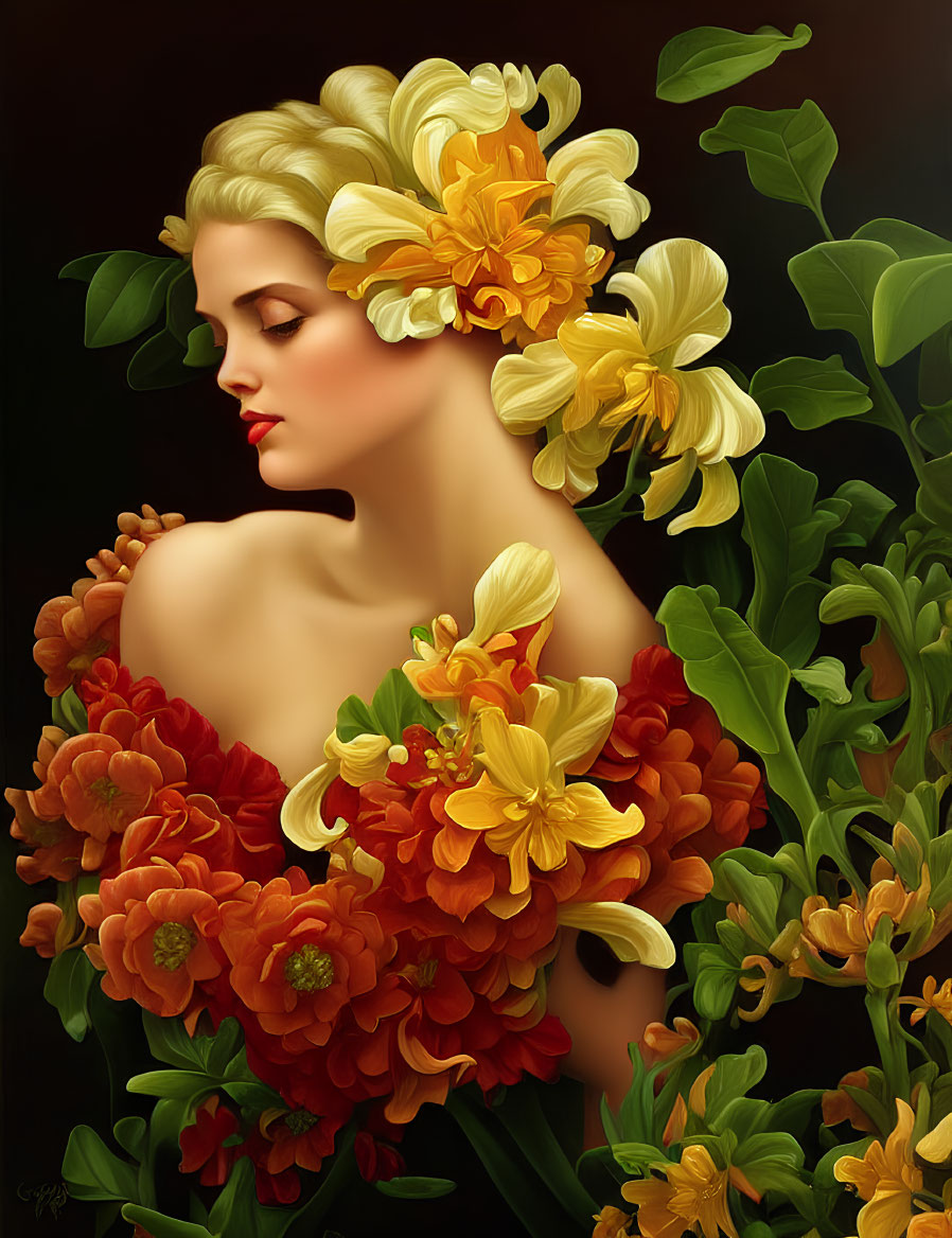 Portrait of woman with golden hair and yellow flowers blending into vibrant orange bouquet