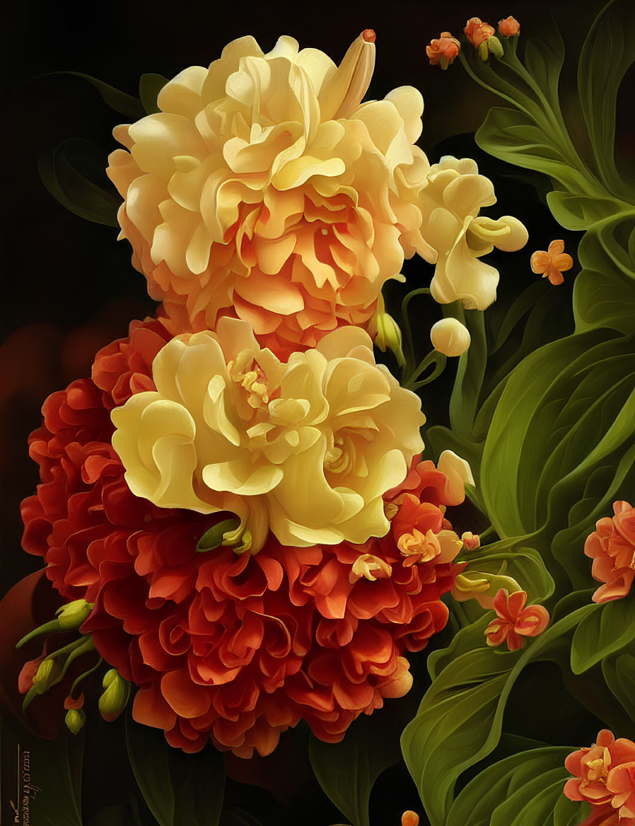 Vibrant Yellow and Orange Begonias Illustration on Dark Background