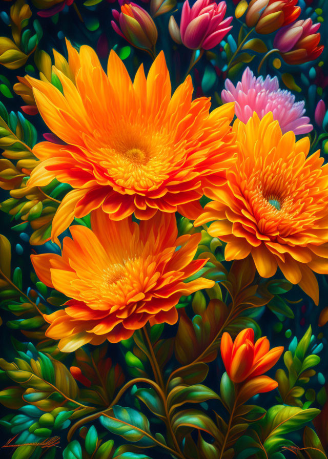 Colorful Floral Painting with Orange Flowers and Lush Green Leaves