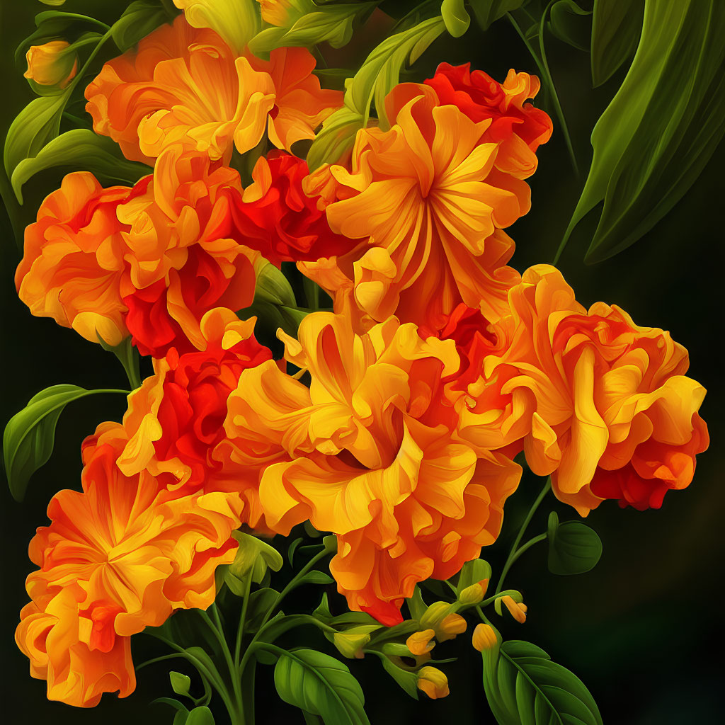 Colorful Orange and Yellow Flowers on Dark Background with Lush Green Leaves