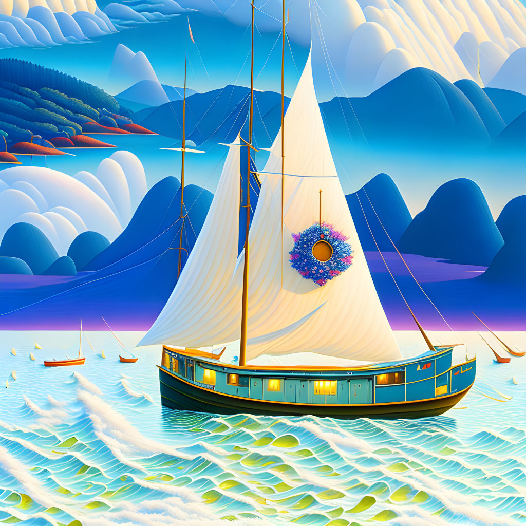 Colorful sailing boat illustration with circular ornament, wavy waters, hills, and mountains