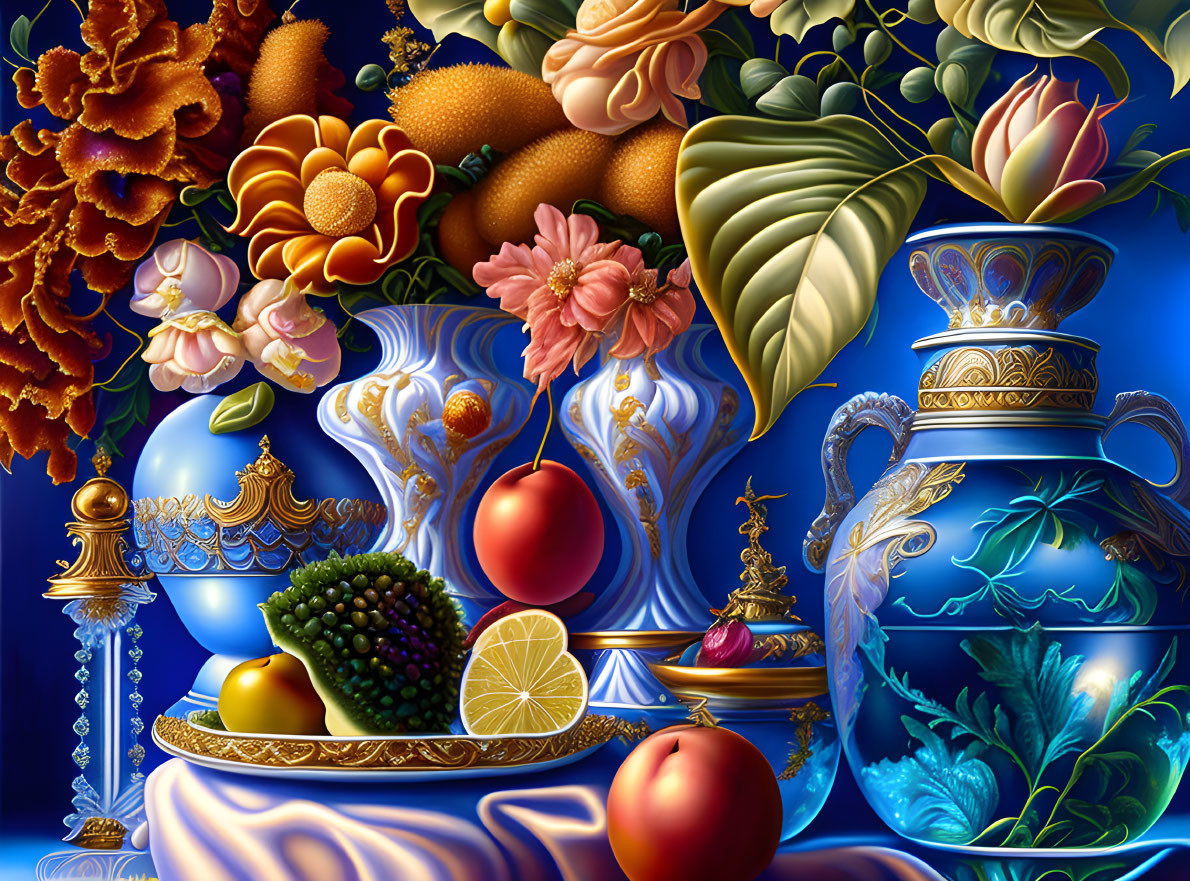 Colorful still life with vases, fruits, and flowers on blue background