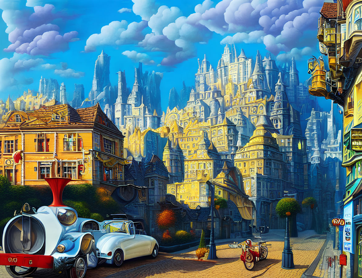 Whimsical cityscape with retro-futuristic vehicles & bright blue sky