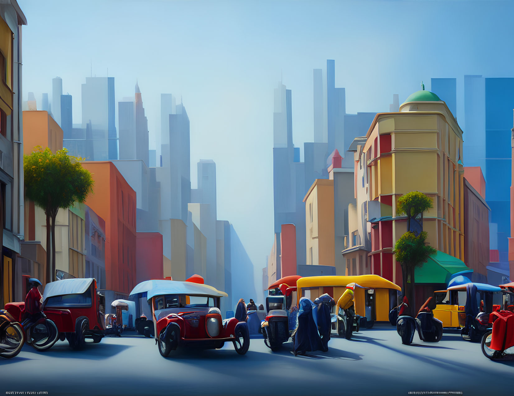 Stylized urban street scene with vintage cars and colorful buildings