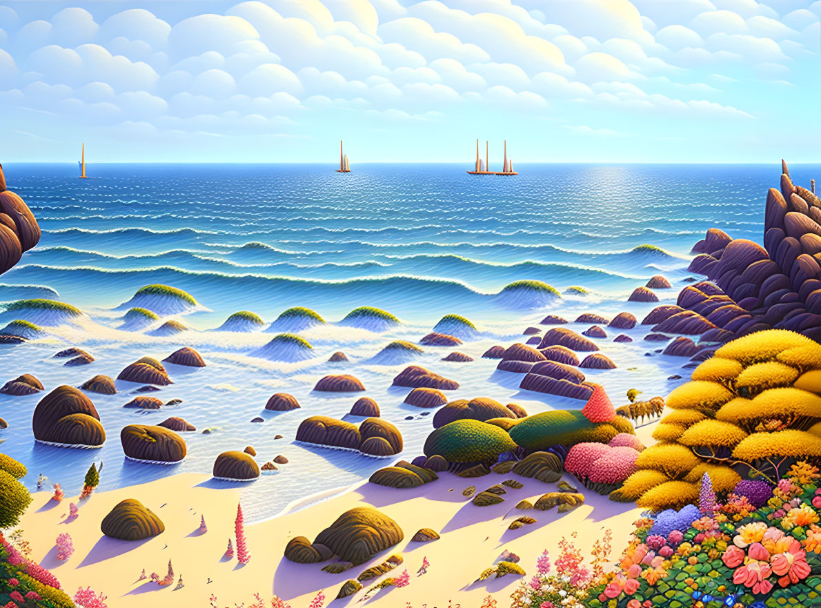 Colorful Beach Scene with Bushy Foliage, Patterned Sand, Waves, and Sailboats