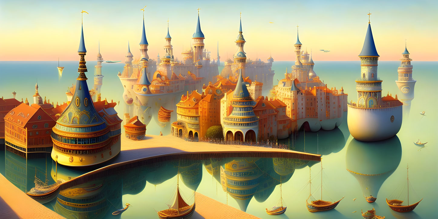 Vibrant whimsical cityscape with castle-like buildings and reflective waterway