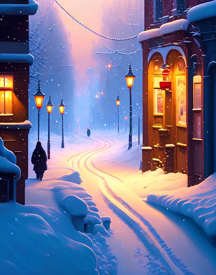 Snowy Evening Scene: Person Walking on Lamp-Lit Path in Cozy Winter Setting