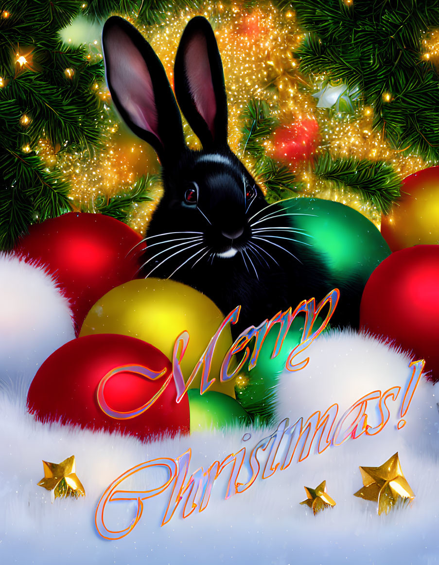 Colorful Christmas illustration with black rabbit and festive ornaments