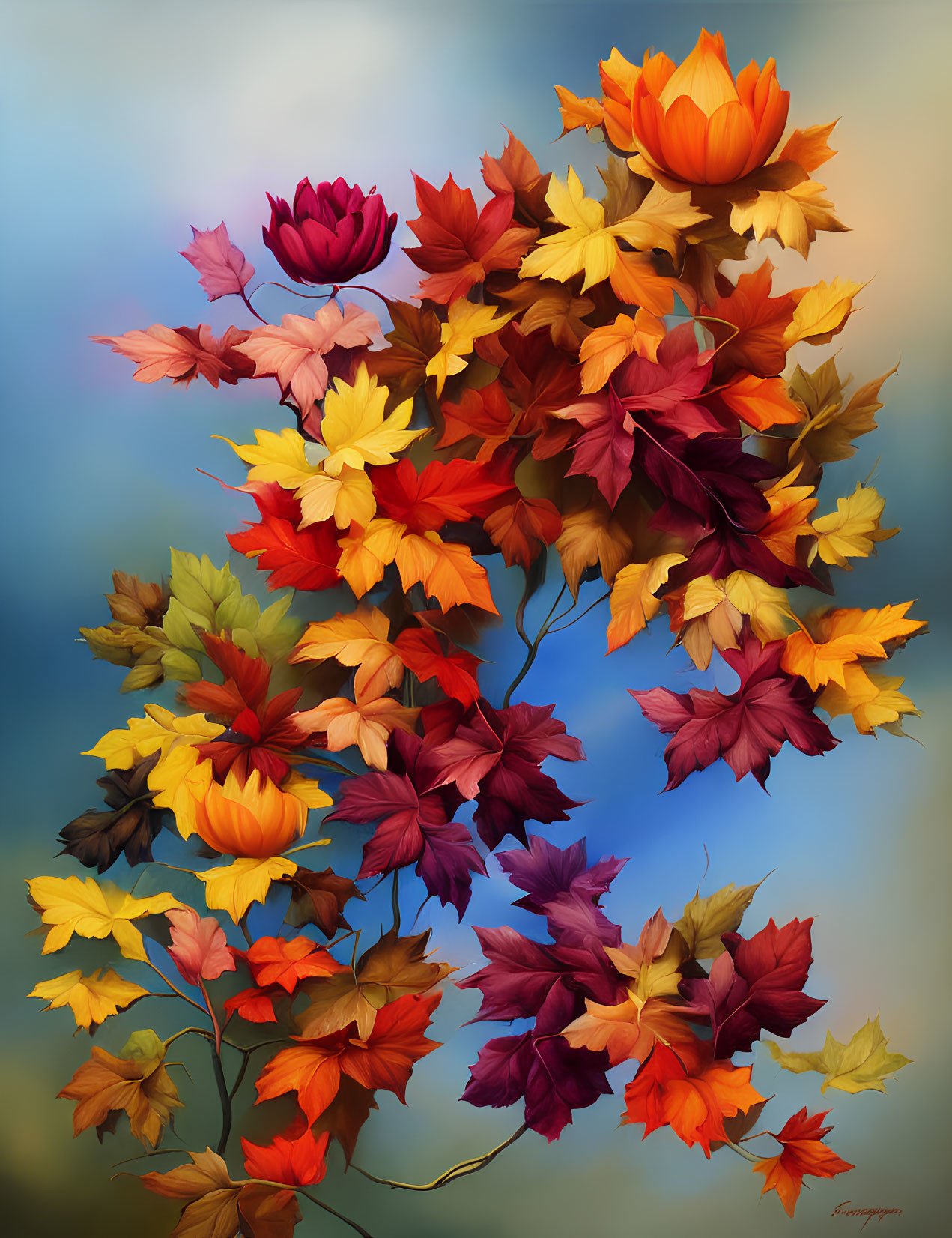 Colorful Autumn Leaves Arrangement on Blue Background