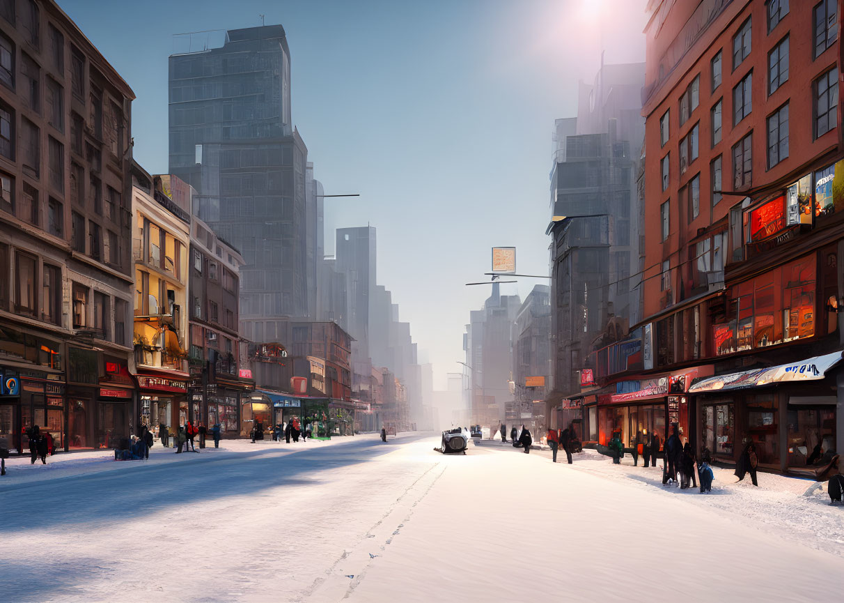 Snowy City Street at Dawn or Dusk with People, Cars, Buildings, and Sun Glow