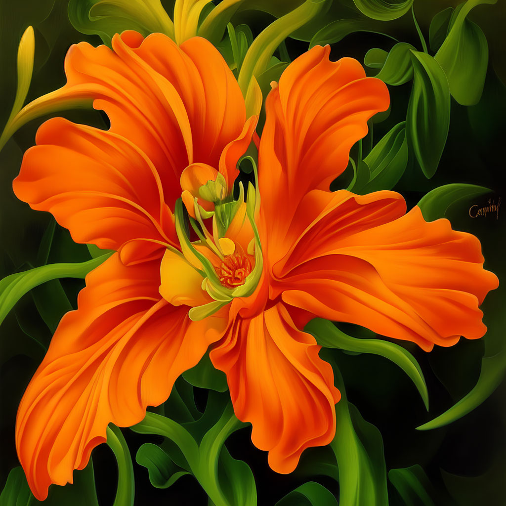 Colorful digital painting of an orange lily on dark green foliage