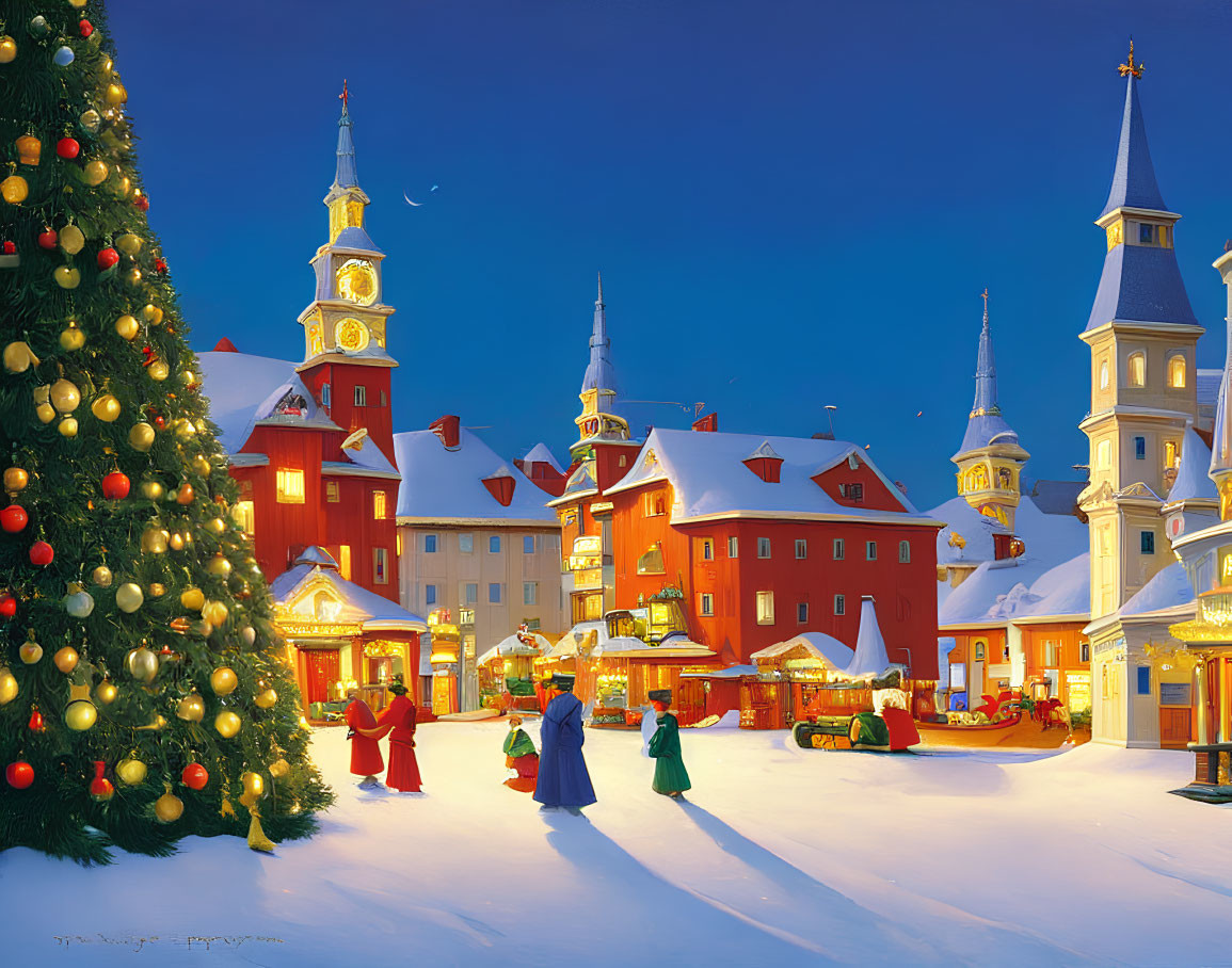 Snowy town square with Christmas tree & period costumes