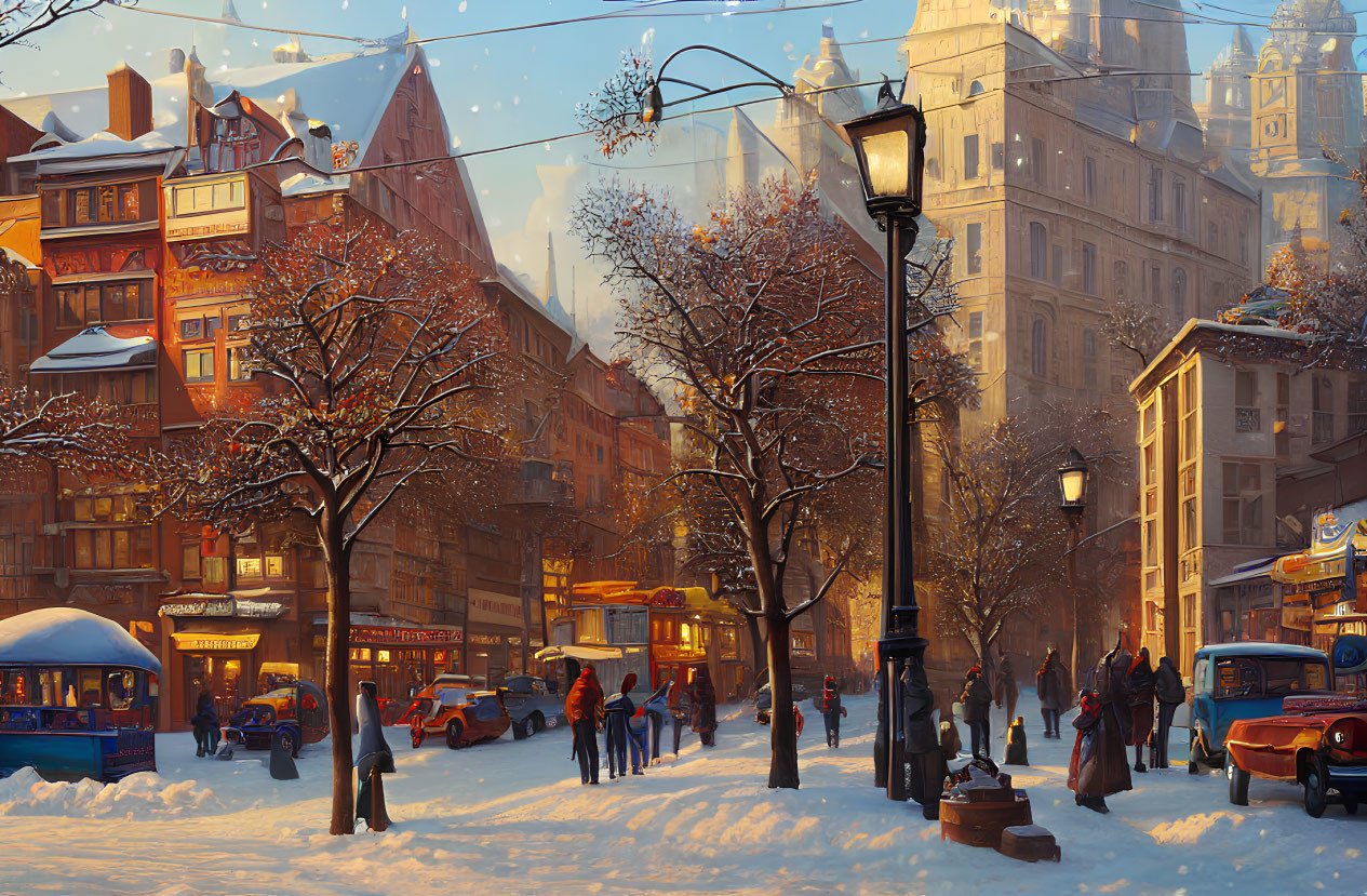 Snow-covered city street in winter with vintage cars and pedestrians, old buildings at sunset