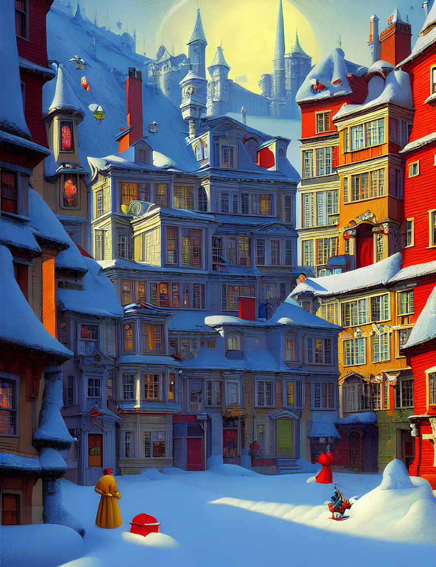 Colorful snowy town scene with woman, child, and castle in background