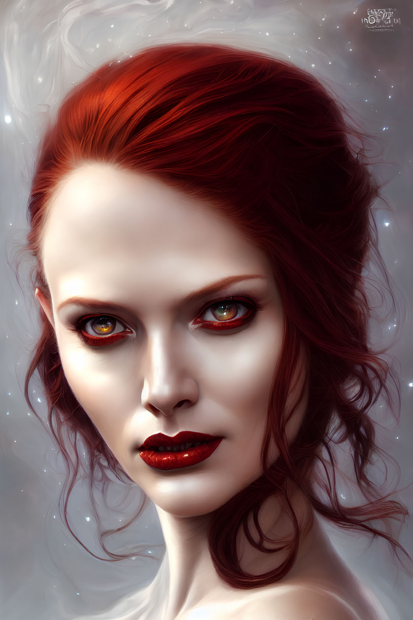 Fiery red-haired woman portrait on grey background
