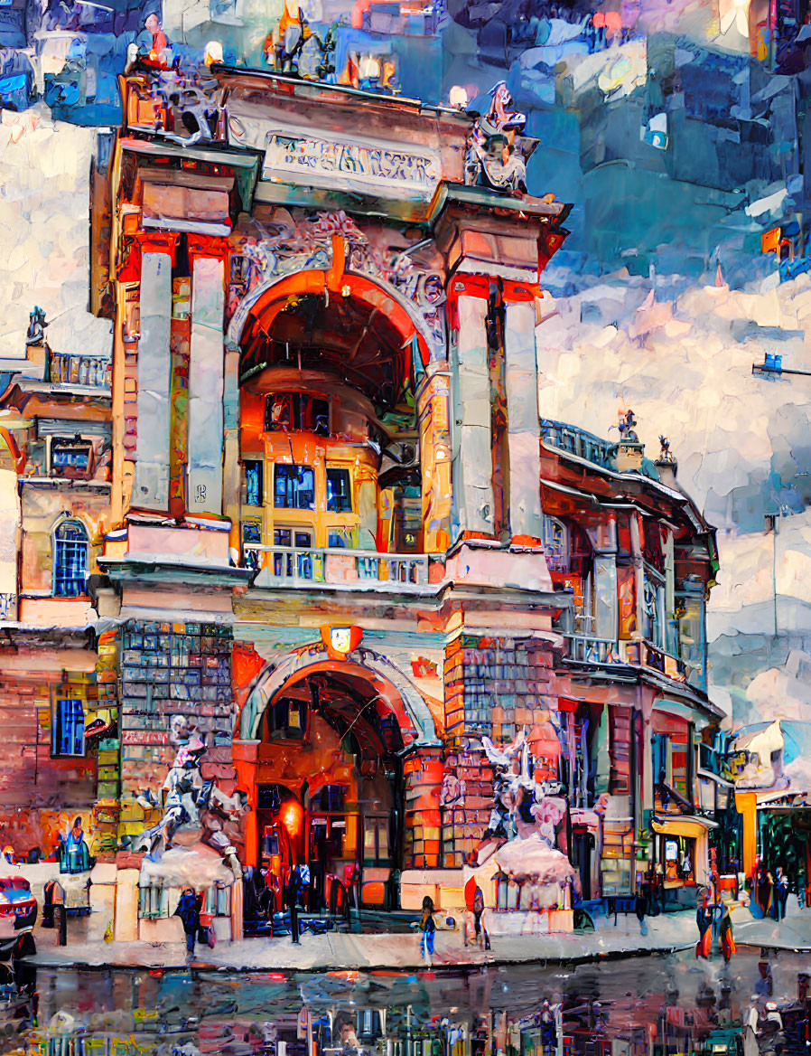Colorful expressionistic painting of ornate archway and city street pedestrians.