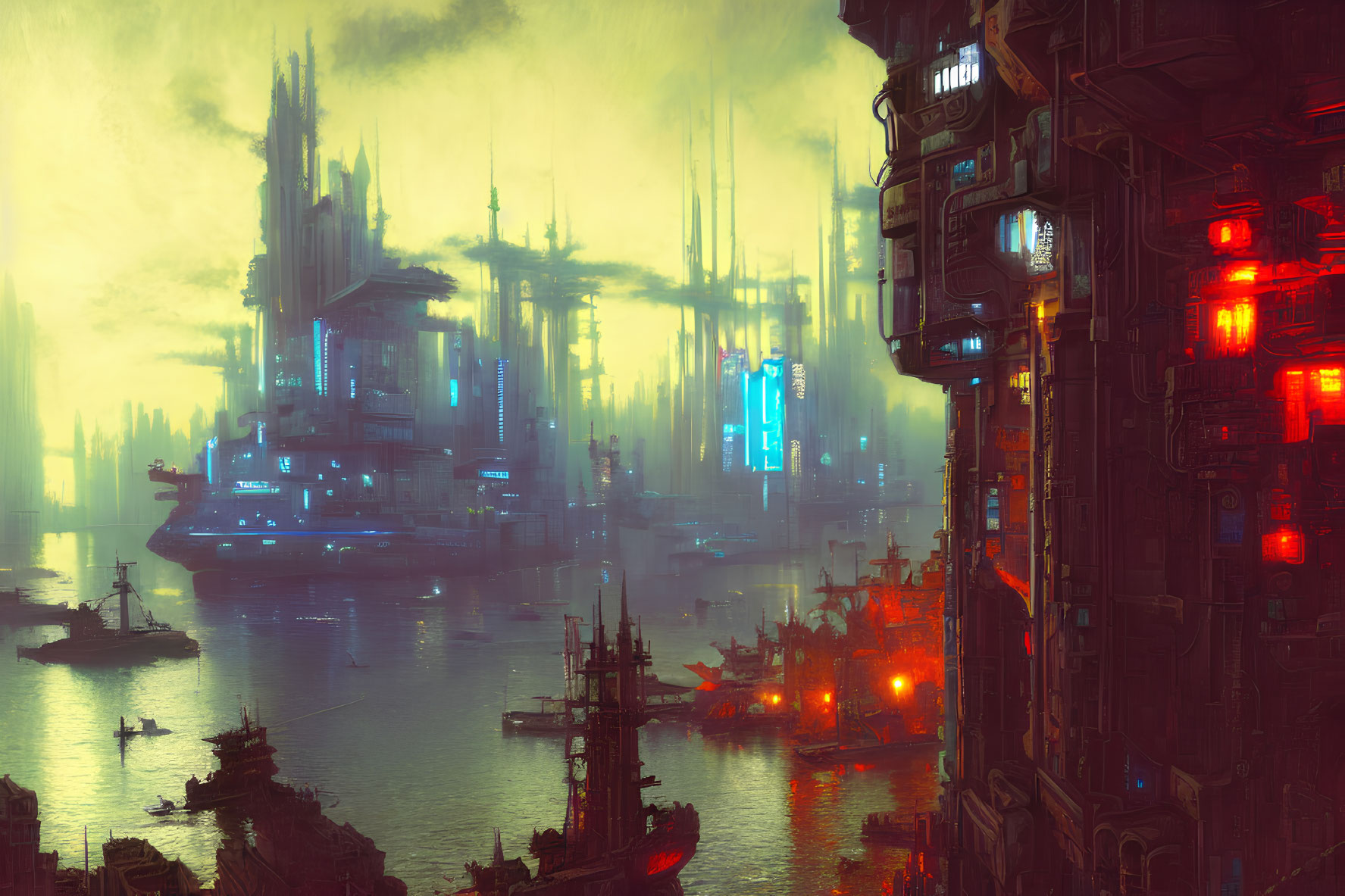 Futuristic cityscape with skyscrapers, neon signs, and floating ships above mist-covered water