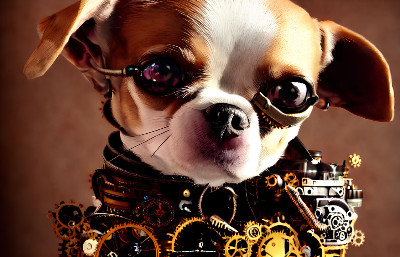 Steampunk-style chihuahua with goggles and mechanical collar on brown background