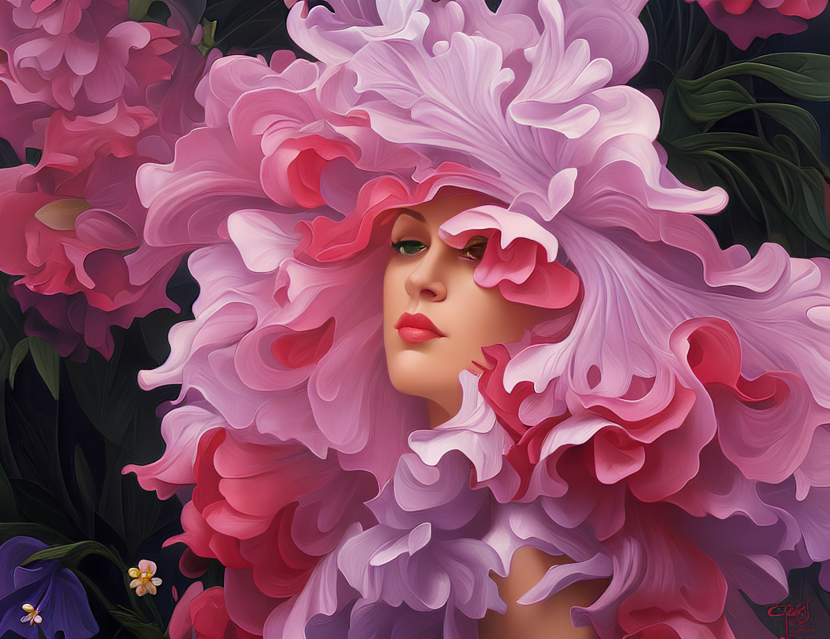 Surreal portrait of woman with voluminous pink hair and floral elements on dark background