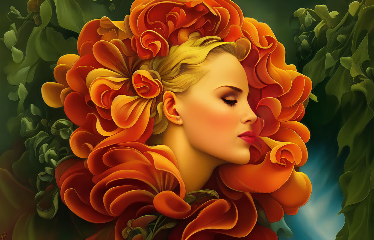 Digital Artwork: Woman's Profile with Hair Blended into Orange-Red Flower Bouquet