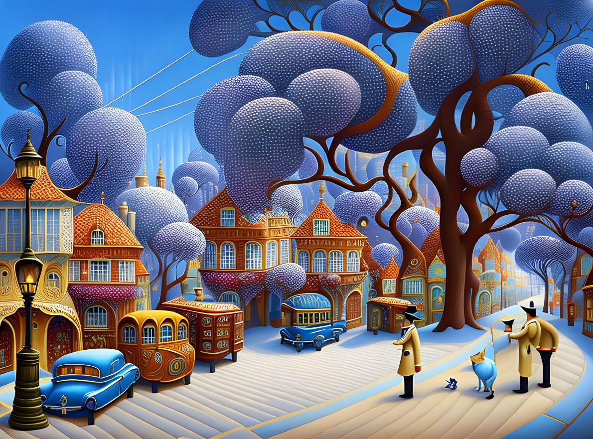 Vibrant whimsical street scene with stylized buildings, vintage car, and blue trees