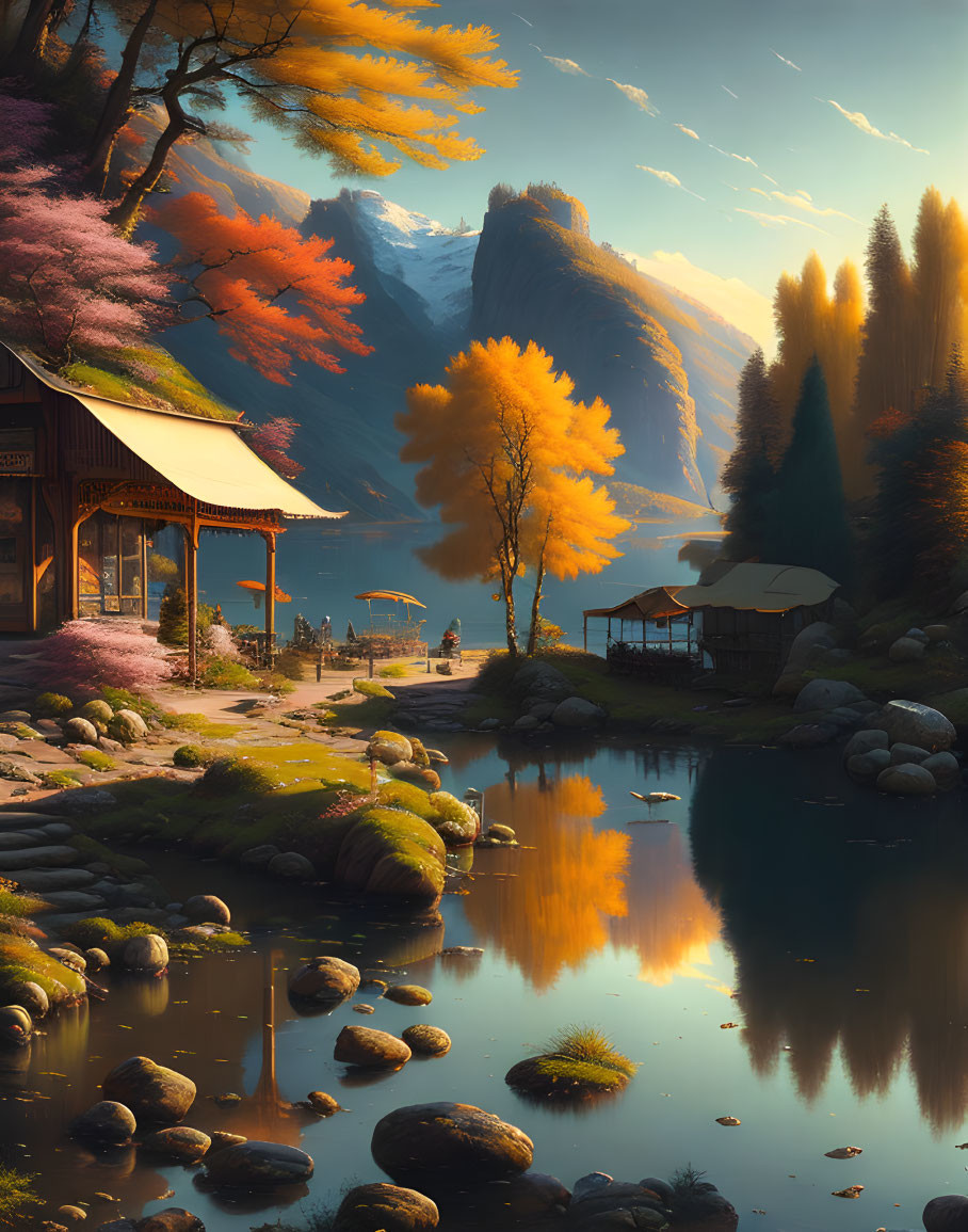 Tranquil autumn landscape with pond, hut, and mountains