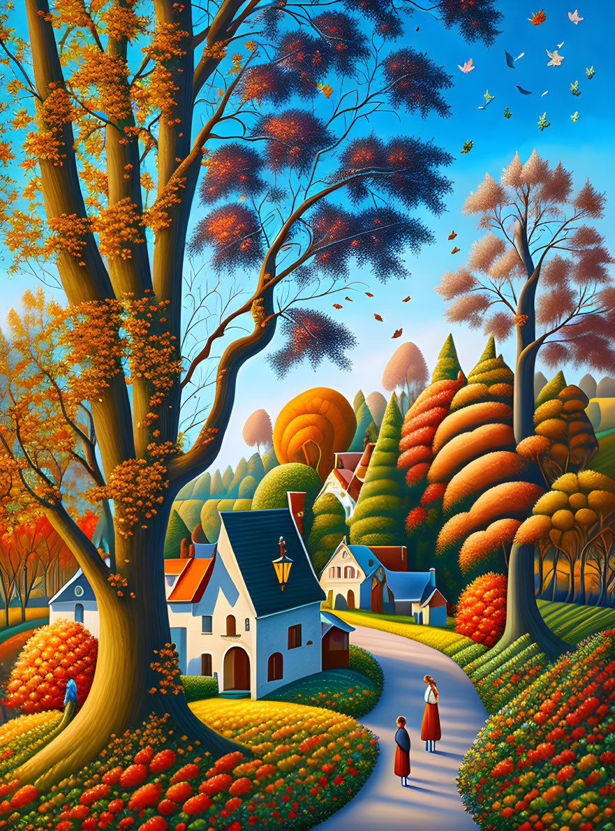 Colorful landscape painting of autumn village scene with rolling hills and strolling figures