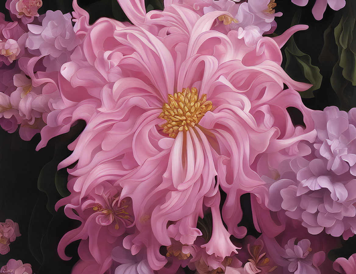 Close-Up View of Large Pink Chrysanthemum with Dark Background