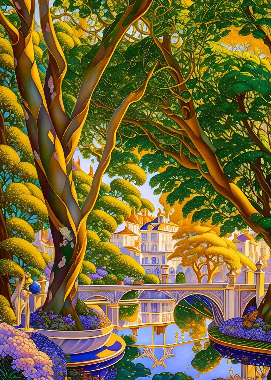 Enchanting forest illustration with twisting trees and serene lakefront town