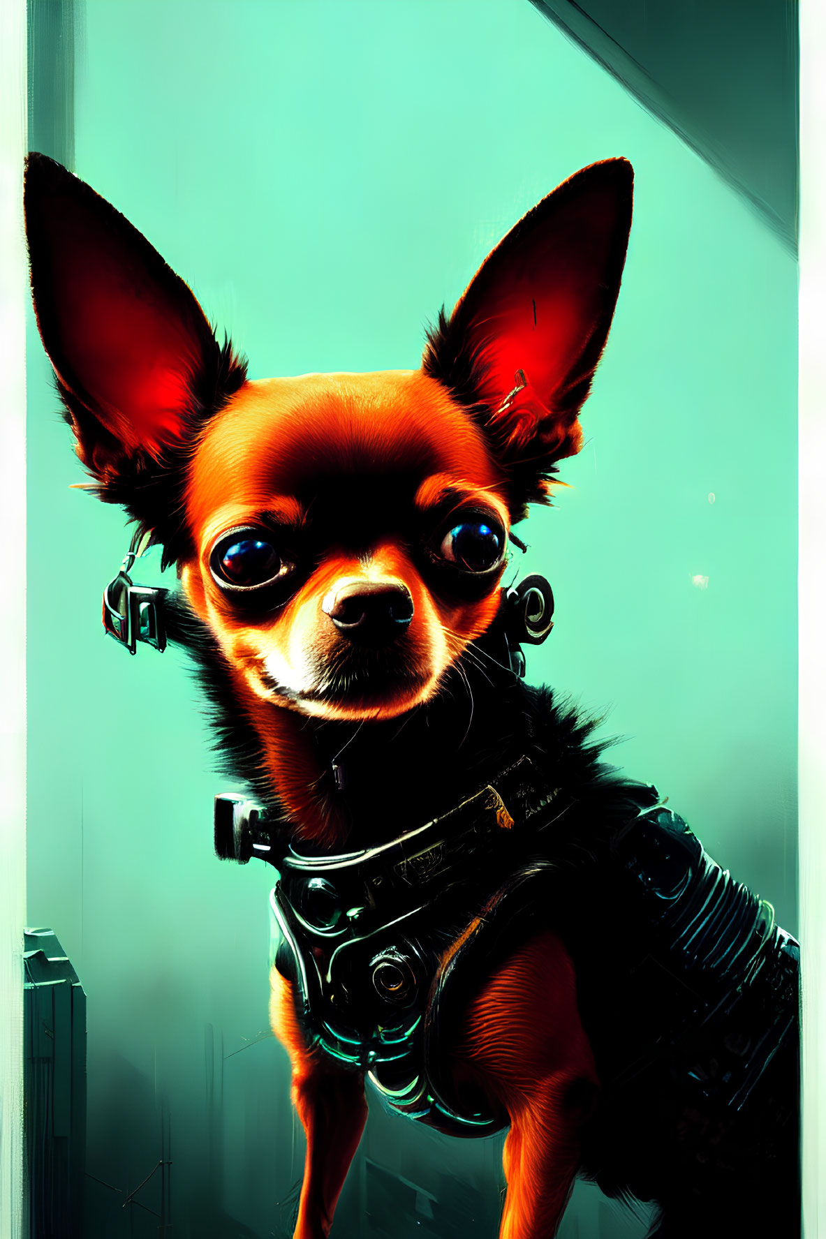 Stylized Chihuahua in Futuristic Gear on Teal Background