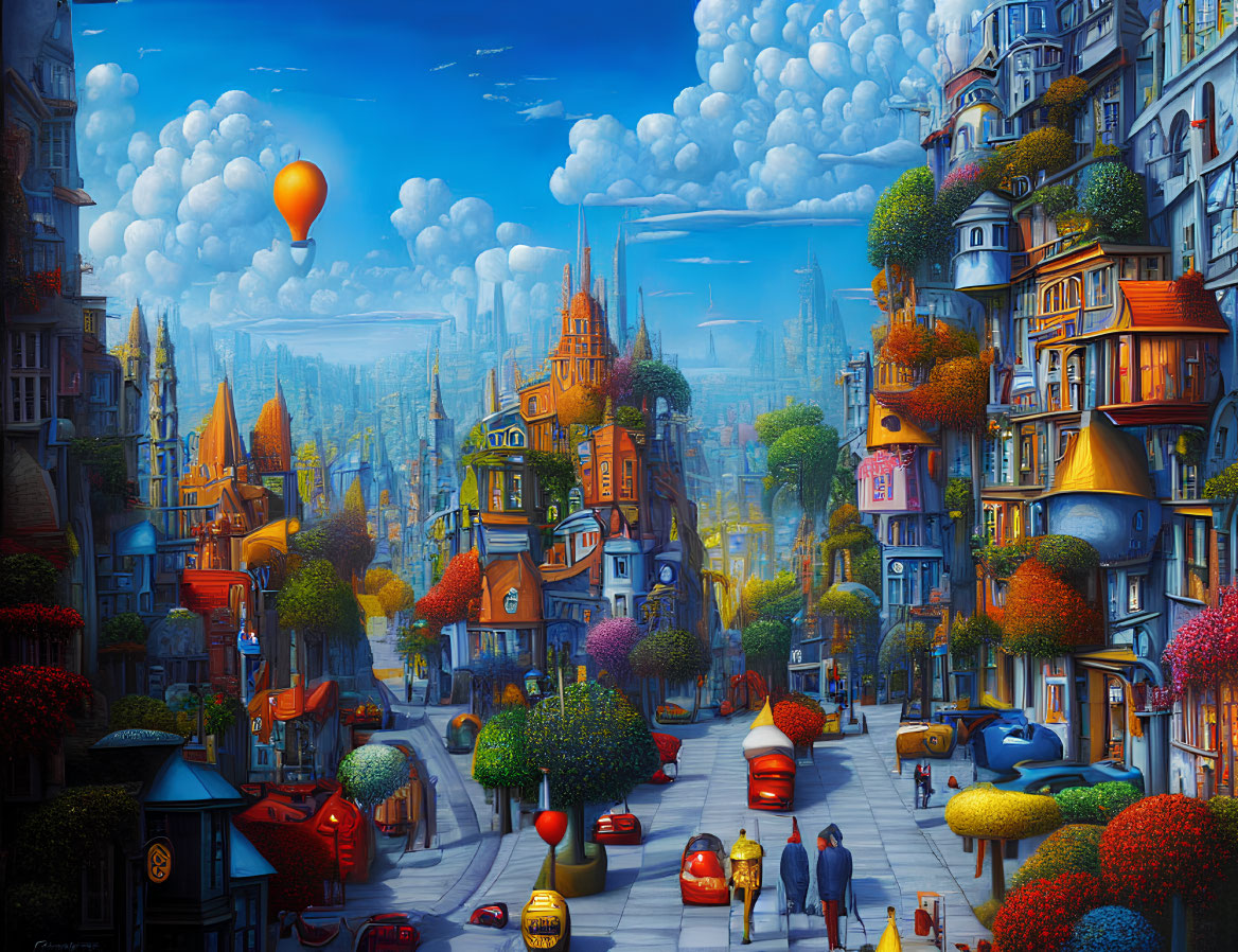 Colorful Cityscape with Hot Air Balloon in Blue Sky