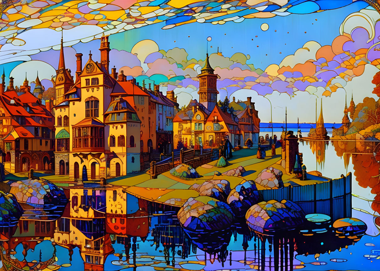 Colorful artwork: Whimsical town, detailed buildings, bridge, figures, reflective water, cloud
