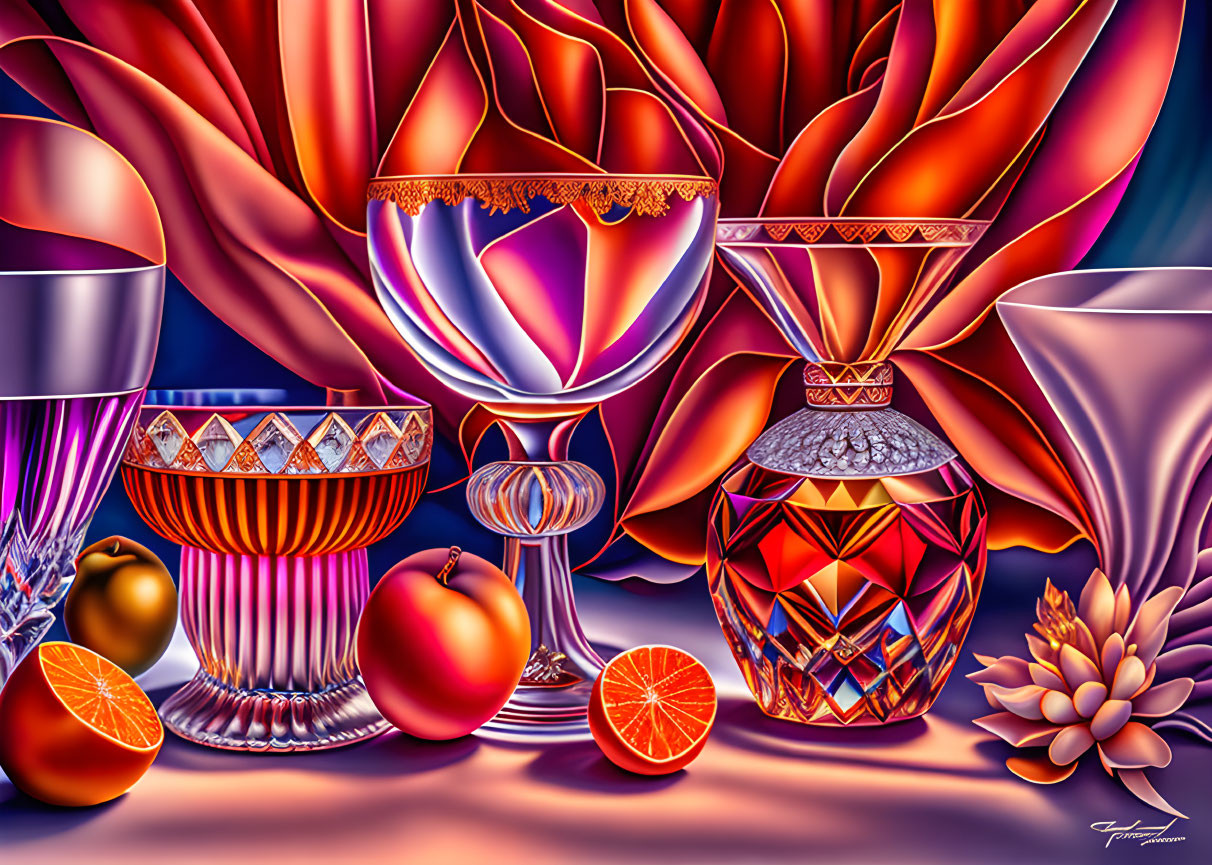 Colorful Still Life with Glassware, Oranges, and Flower on Fabric Background