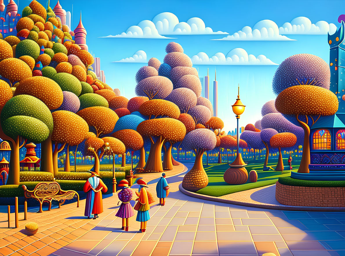 Colorful cityscape with round trees and royal characters on cobblestone path