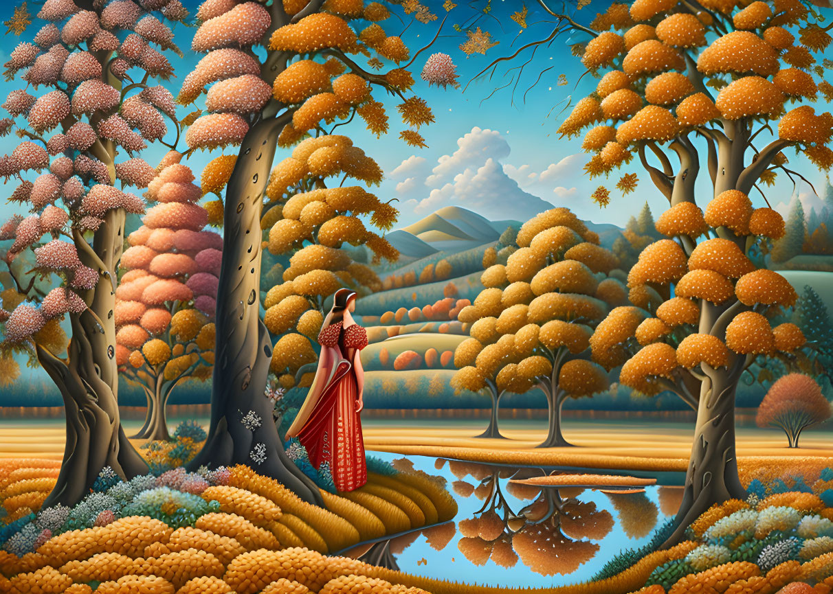 Woman in red sari by tranquil river in colorful, stylized forest