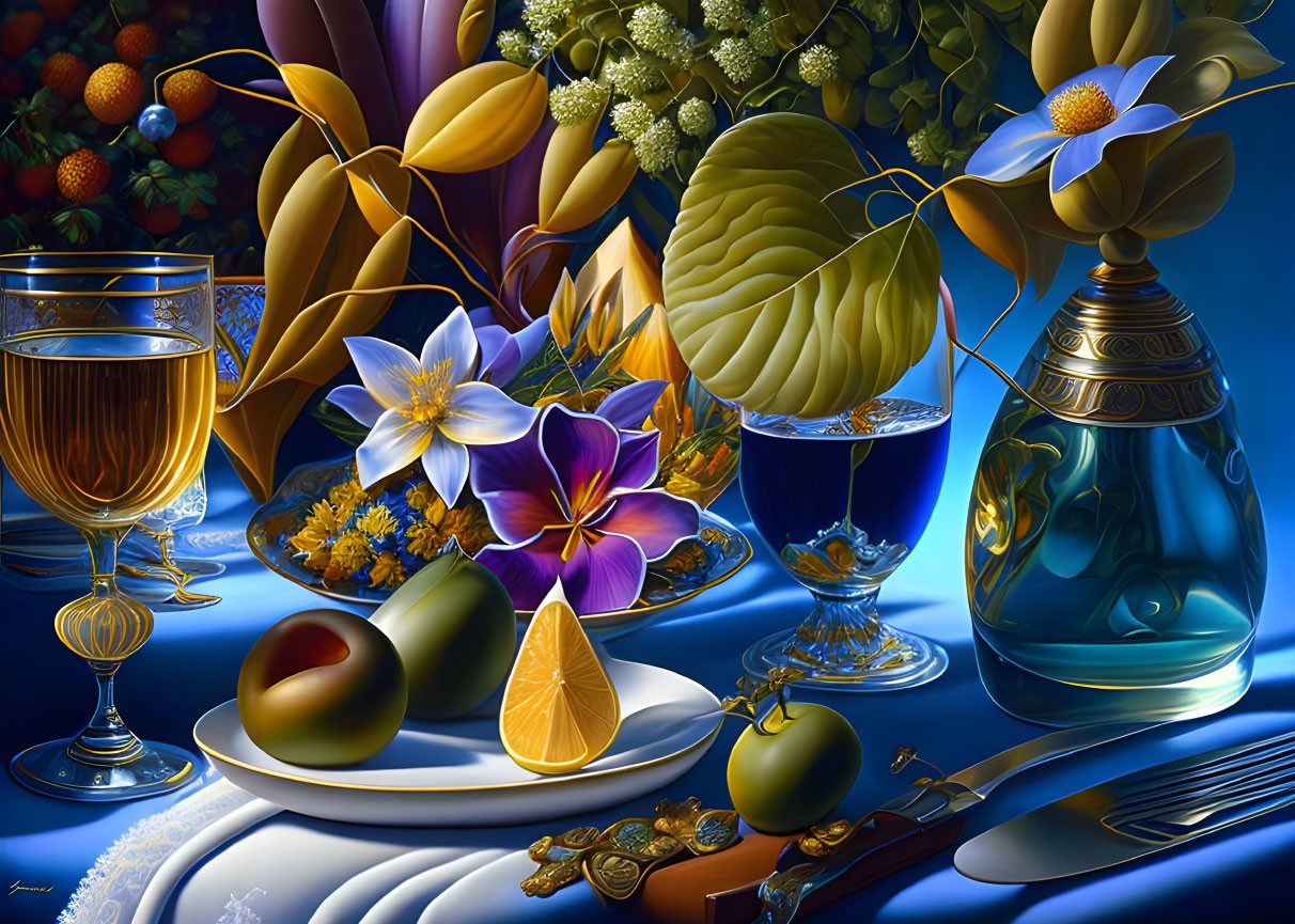 Colorful Still Life Composition with Fruits, Flowers, and Glassware
