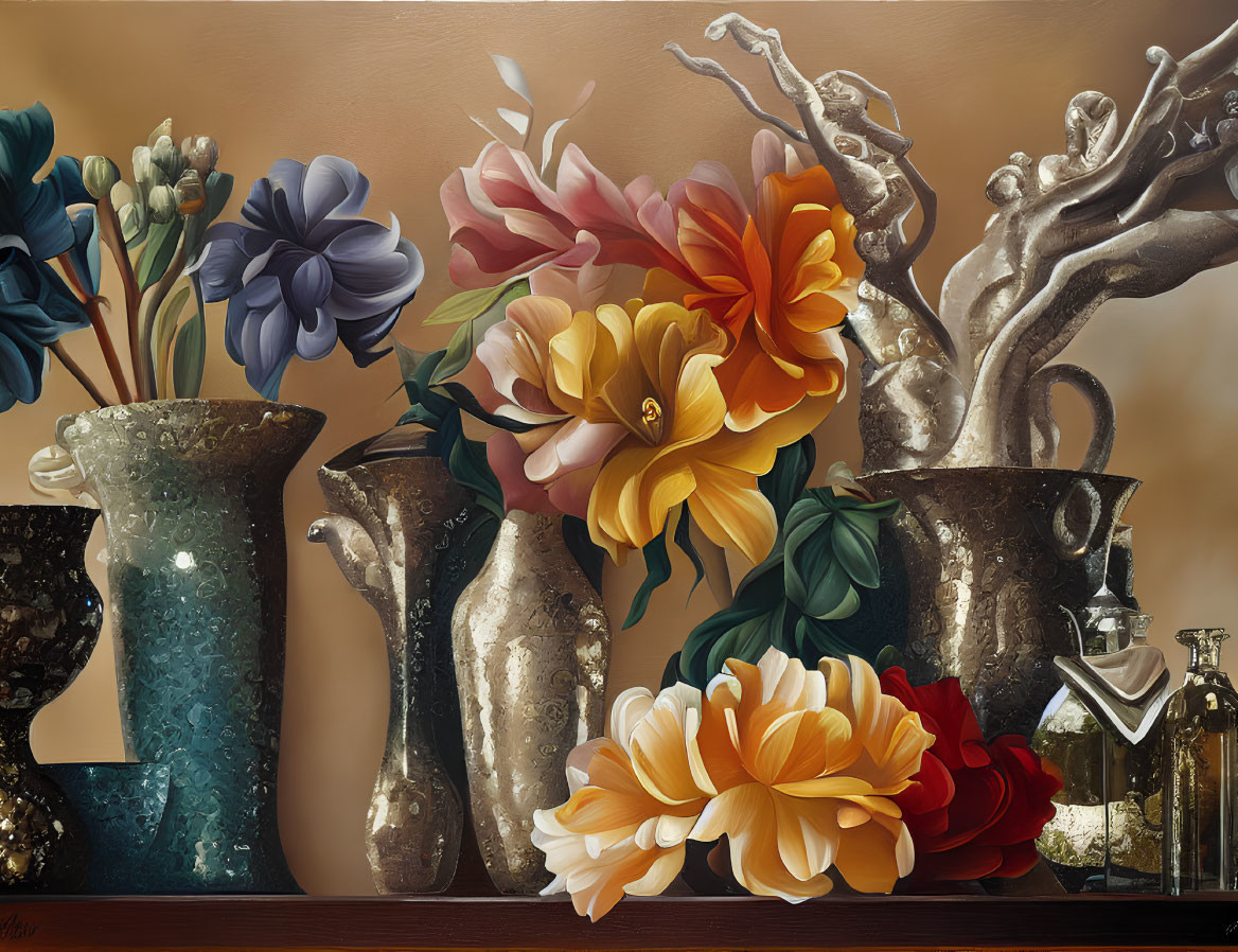Floral still life painting with vases, book, and bottle