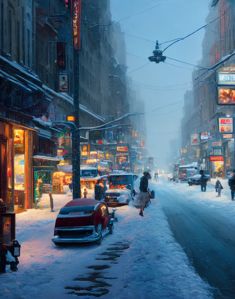 Snowy City Street at Twilight with Shop Signs, Pedestrians, and Vintage Cars