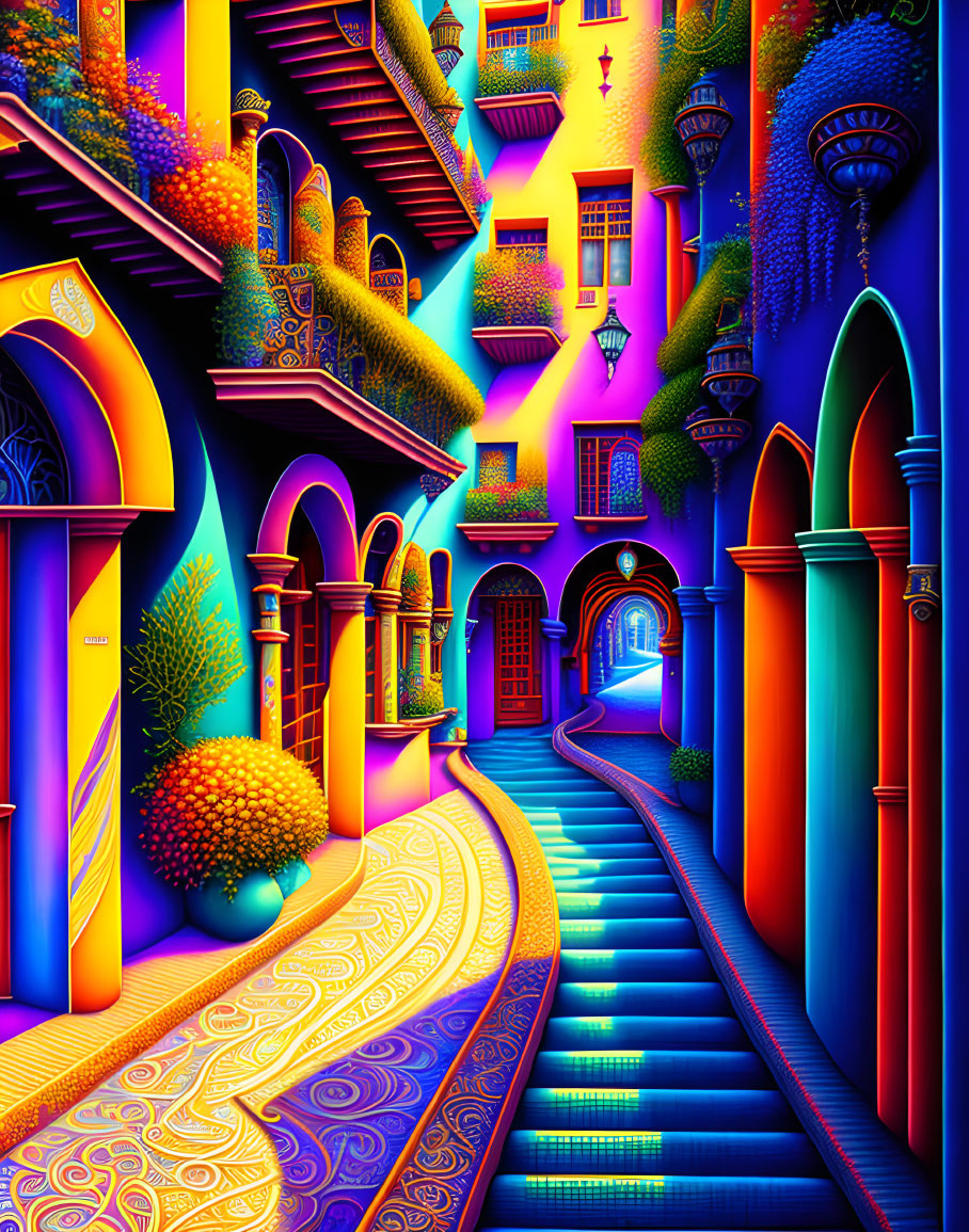 Colorful Fantasy Street Scene with Neon-Lit Buildings and Twisting Stairs
