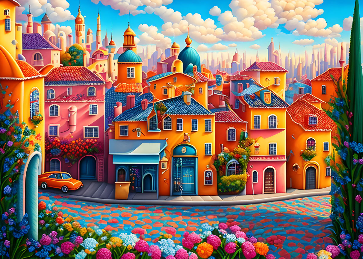 Vibrant town artwork with colorful architecture, flower-lined streets, and classic car