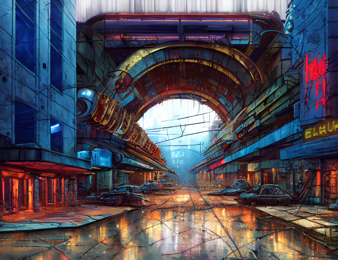 Futuristic cityscape with neon signs, hovering train, and abandoned cars