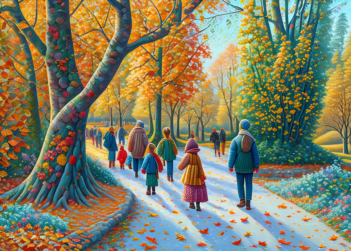 Colorful autumn forest with people walking on leaf-strewn path