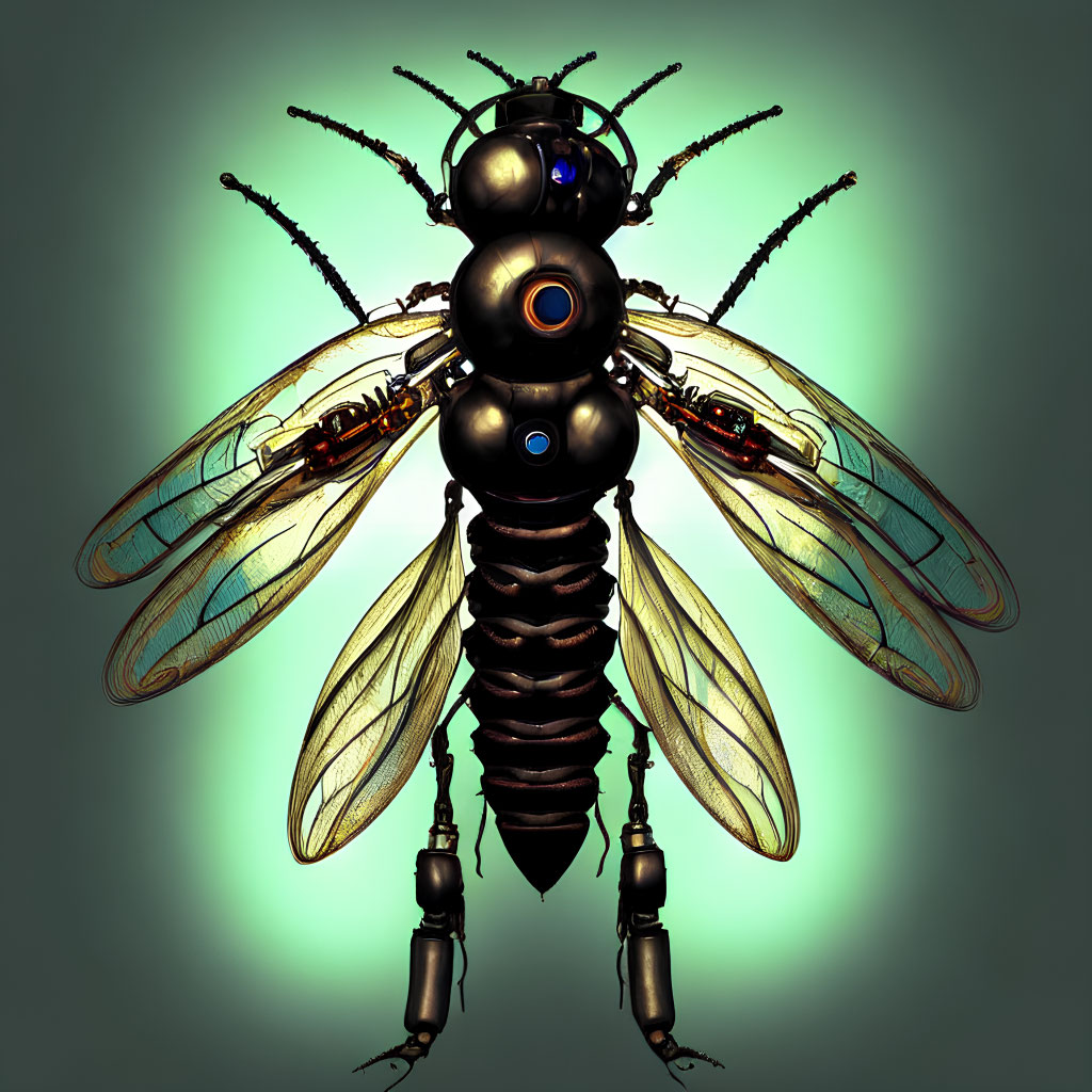 Mechanical bee digital art with intricate design and translucent wings on green background