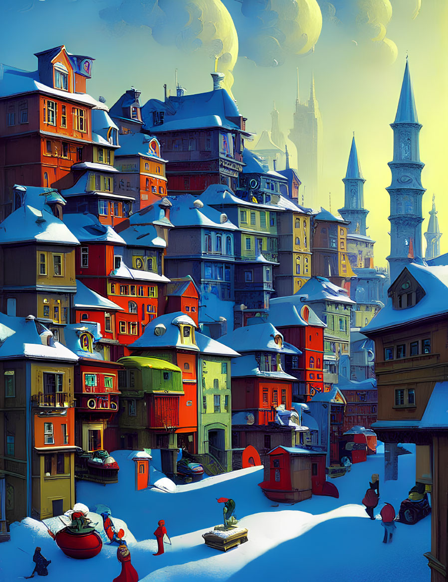 Vibrant snowy town scene with colorful stacked houses and people milling under blue sky